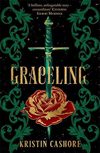 Book cover: “Graceling” with a sword piercing a red and gold rose.