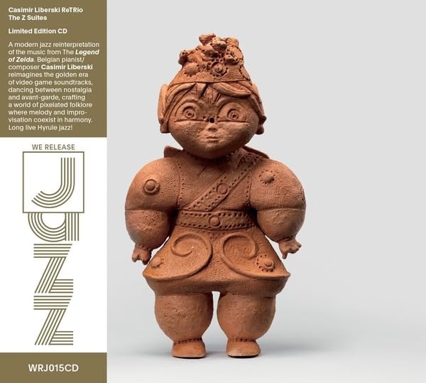 A terracotta clay figurine of a stylized character stands against a light gray background.