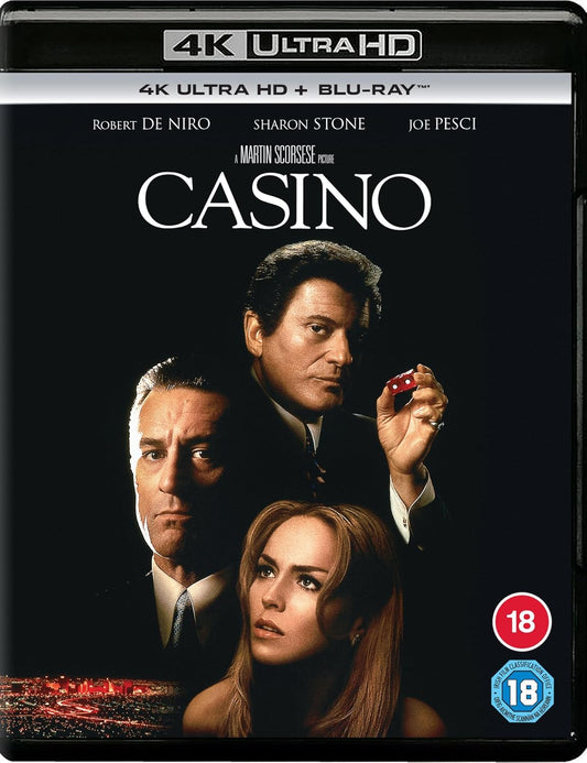 “Casino” 4K UHD Blu-ray cover featuring Robert De Niro, Sharon Stone, and Joe Pesci.