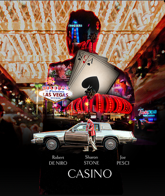 Steelbook case with casino themed artwork, containing UHD and Blu-ray discs inside.