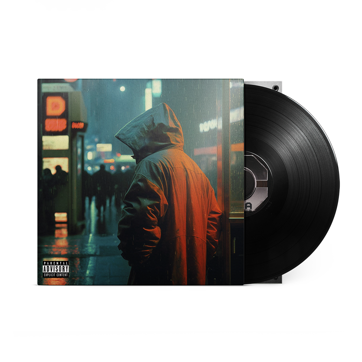 Vinyl record and cover art featuring a hooded figure in a rainy city street.