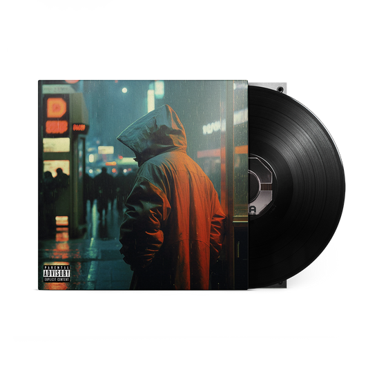 Vinyl record and cover art featuring a hooded figure in a rainy city street.