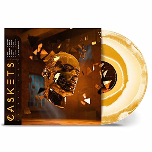 Vinyl record for Caskets’ “Reflections” with golden shattered head artwork.