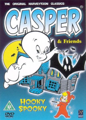 Casper the friendly ghost flies over a haunted house with a witch.