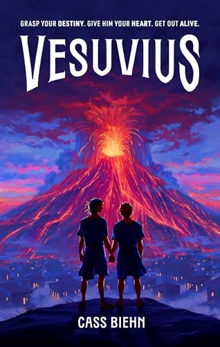 Book cover: "Vesuvius" depicts a volcano erupting with two figures in foreground.