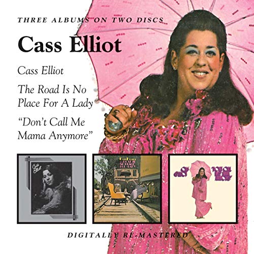 Cass Elliot holding a pink umbrella, with three album cover thumbnails below.
