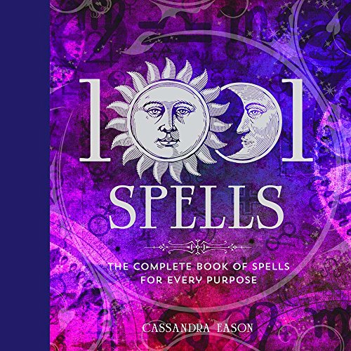 Book cover with sun, moon, and text: “1001 Spells” by Cassandra Eason.