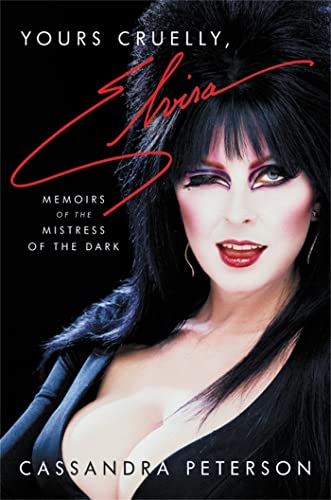 Book cover featuring Elvira with big black hair, bold makeup, and a black dress.