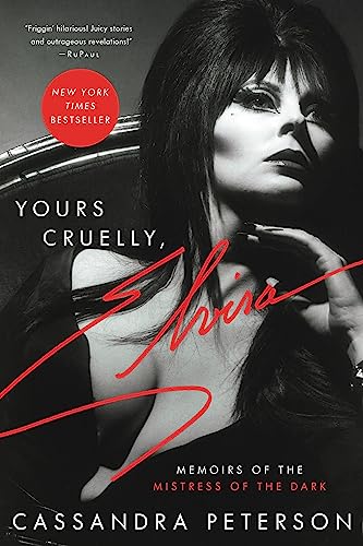 Book cover: Elvira, dark hair, red script title, black and white photo.