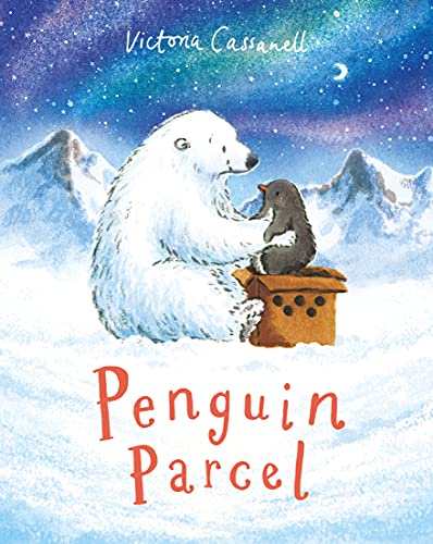Polar bear with a penguin inside a small wooden box, snowy landscape.