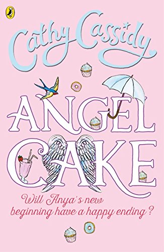 Book cover for "Angel Cake" with illustrations of cakes, wings, and an umbrella.