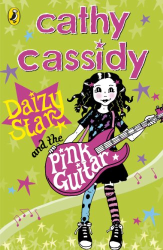 Book cover featuring a girl with curly hair playing a pink electric guitar.