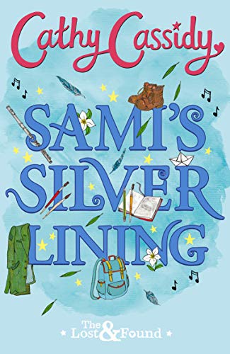 The image depicts a book cover for "Sami's Silver Lining" by Cathy Cassidy. The alt text is: "Book cover with blue background, title, and assorted illustrations."