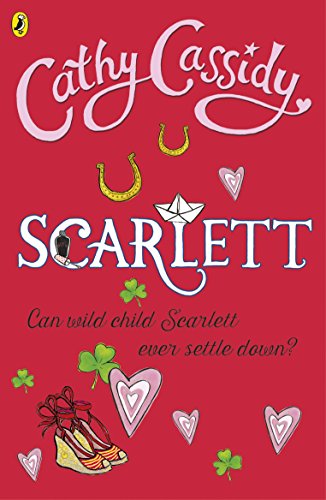 Red book cover for "Scarlett" with illustrated hearts, clovers, and shoes.