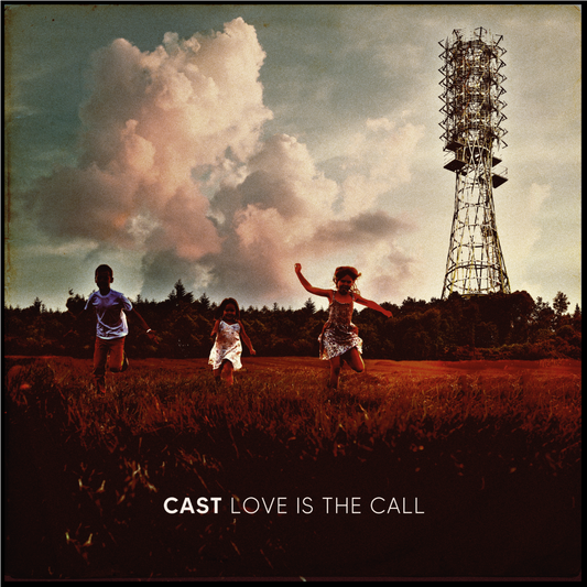 Three children run through a field toward a tall telecommunications tower under cloudy skies.