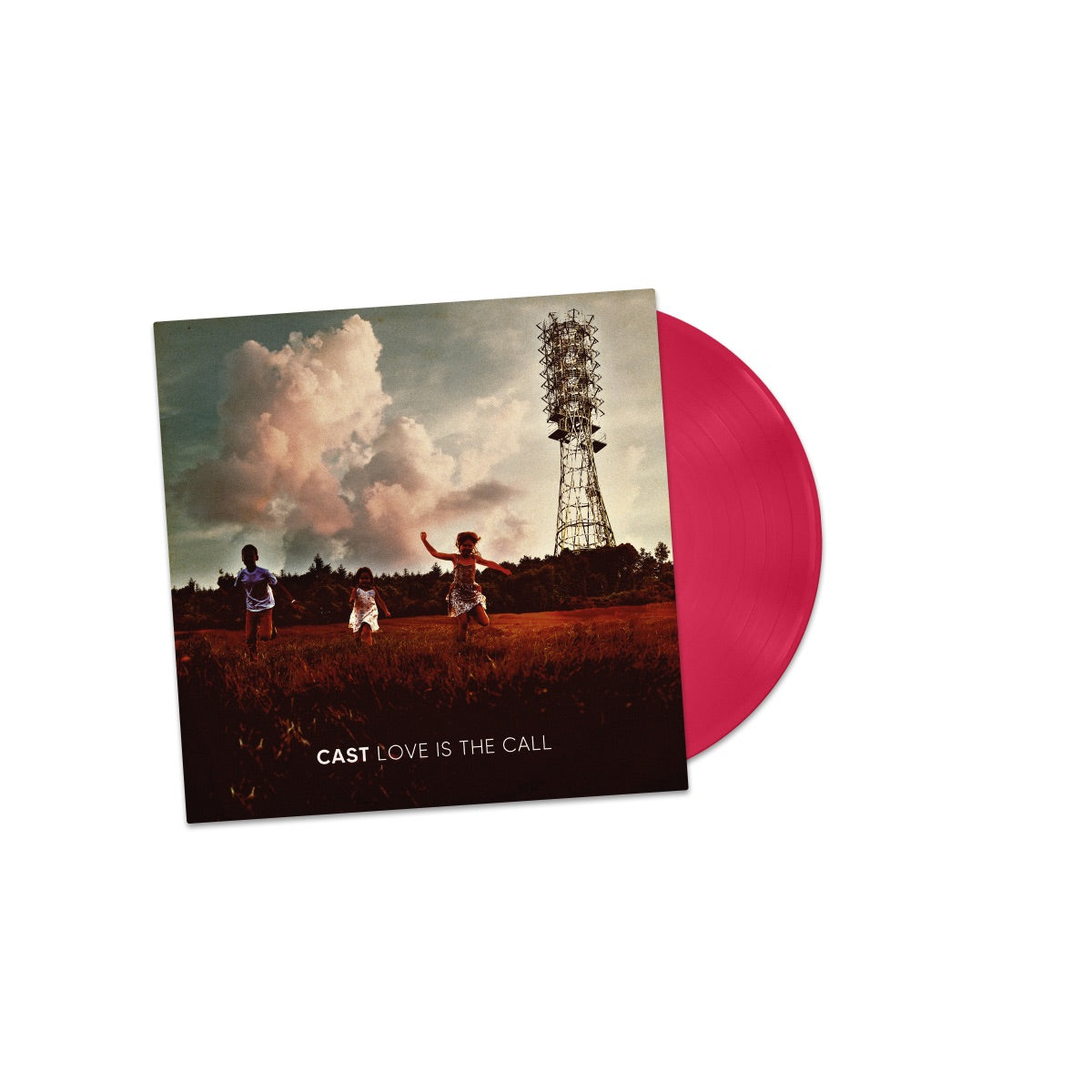 Pink vinyl record with album cover featuring children running in a field.