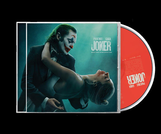Joker: Folie à Deux" CD case featuring Joaquin Phoenix and Lady Gaga.