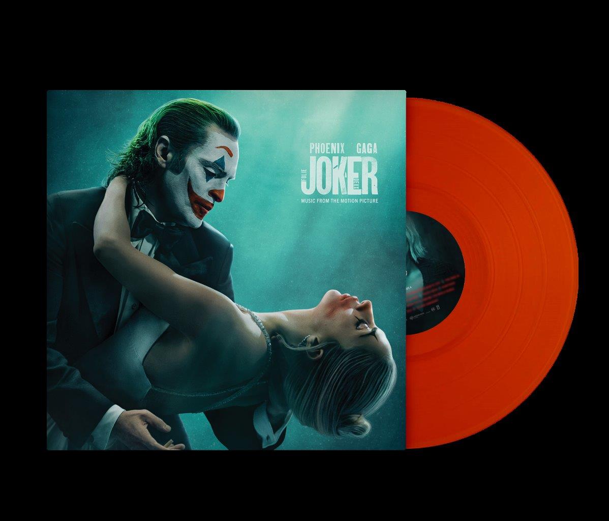 Joker: Folie à Deux vinyl record cover featuring Joker and Harley Quinn with orange disc.