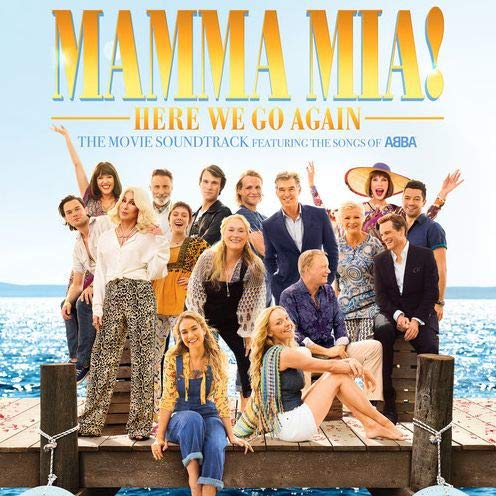 Mamma Mia! Here We Go Again" movie soundtrack vinyl cover with cast photo.