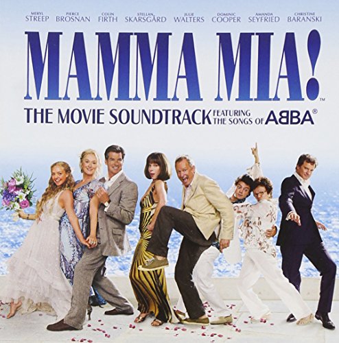 "Mamma Mia! The Movie Soundtrack" CD cover featuring cast members dancing on a beach.