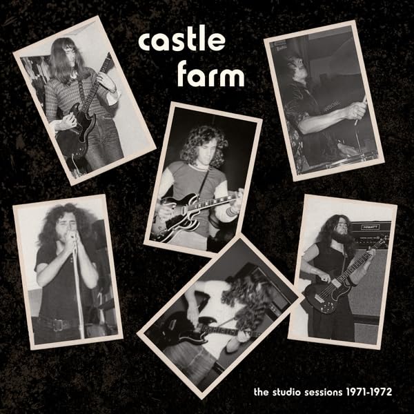 Black and white collage of musicians with band name "Castle Farm".