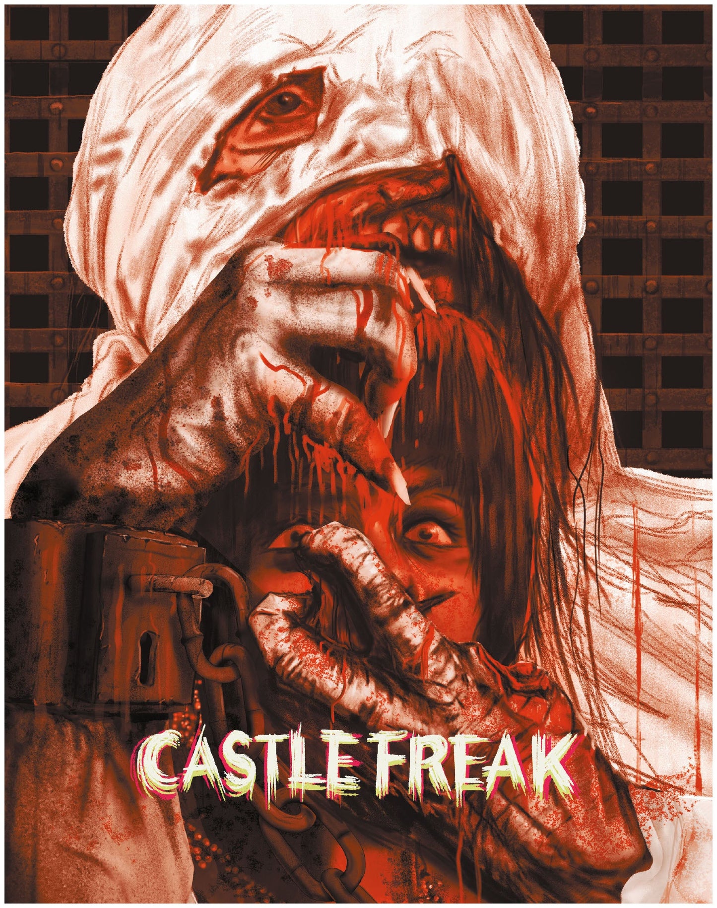 A bandaged, chained creature with bloody hands looms over a terrified person.