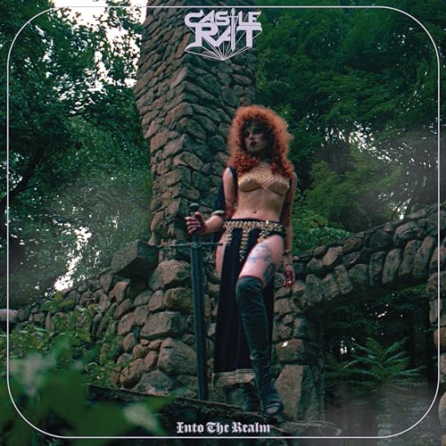 Album cover: woman with sword stands before stone castle ruins.