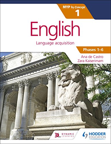 Textbook cover: "English for the IB MYP 1" with a lion statue.