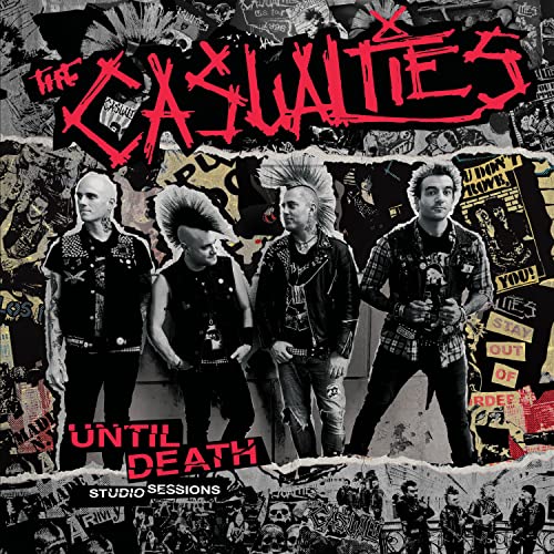 Punk band The Casualties album cover with collage background and red splatter.