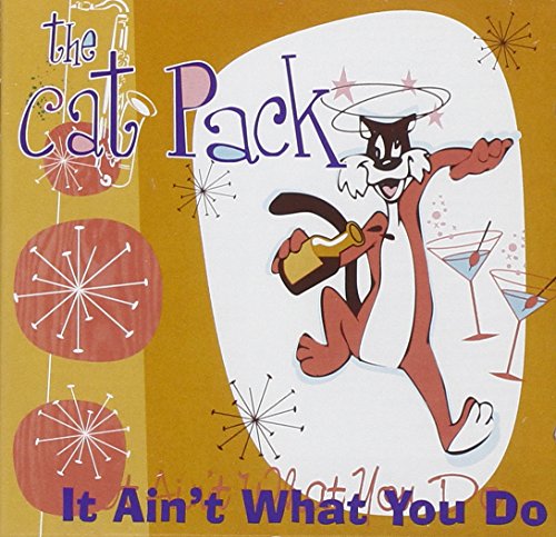 CD cover: cartoon cat with martini glass, mid-century modern design.