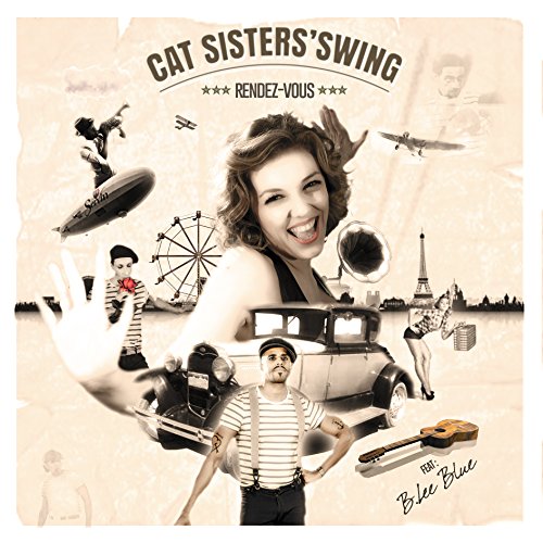 Album cover with vintage collage of people, a car, Eiffel Tower, and musical elements.