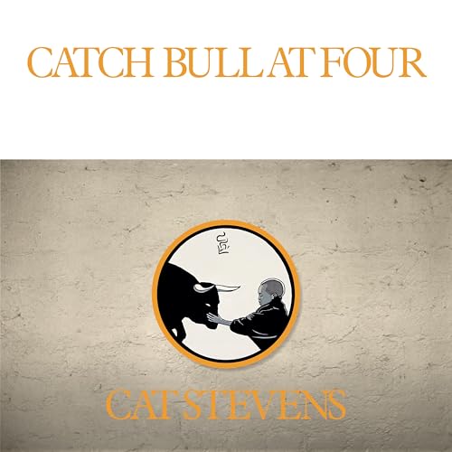 Cat Stevens album cover with man and bull in circular orange frame on beige background.