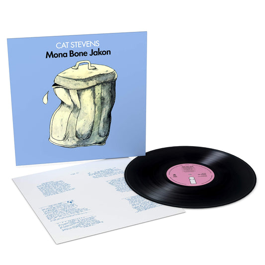 Cat Stevens Mona Bone Jakon vinyl record, sleeve, and lyric sheet on white background.