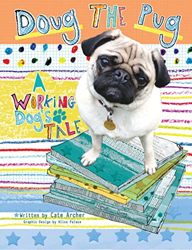 BookSlightly tilted book cover featuring a pug standing on a stack of colorful books.