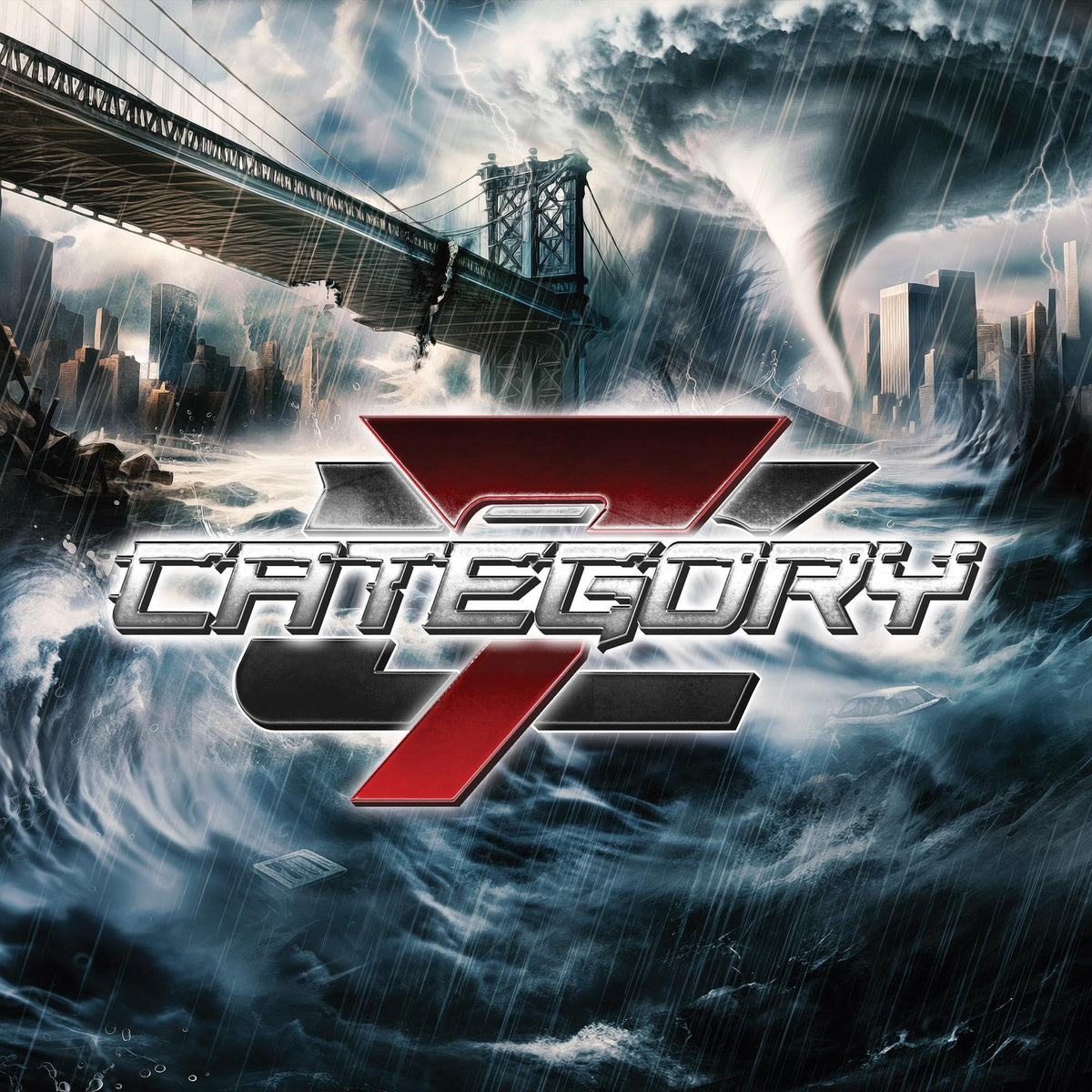 CD cover for “Category 7” depicting a storm over a city and bridge.