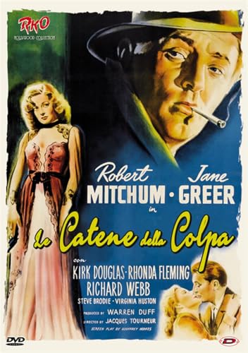 Vintage film poster for "Catene Della Colpa" featuring Robert Mitchum and Jane Greer.