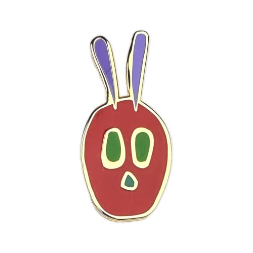 Enamel pin of a red caterpillar head with green and purple details.