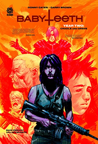 Comic book cover: young girl, adults, guns, orange and red tones.