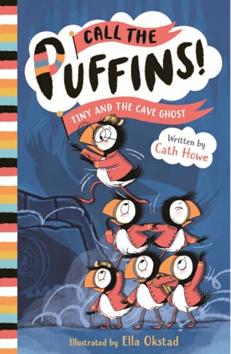 Five puffins in red jackets stacked in a pyramid formation against a blue background.