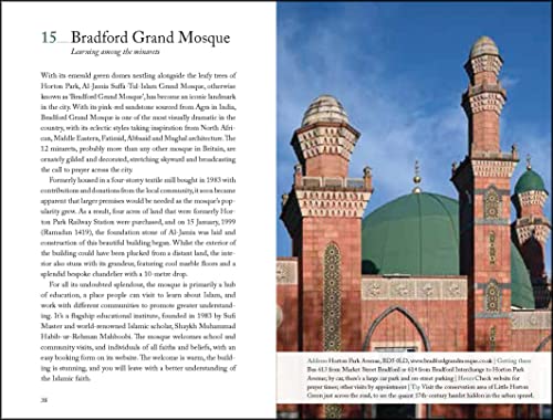 Book page showing text and a photo of the Bradford Grand Mosque with minarets.