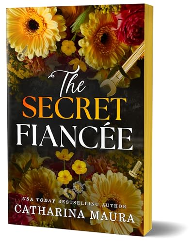 Book cover with yellow flowers, bold title "The Secret Fiancée", and author name.