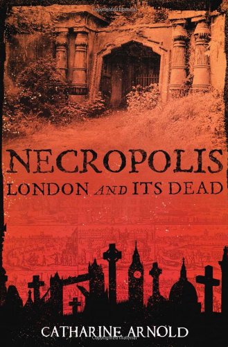 Book cover with red-toned sepia image of tomb and silhouette of graveyard monuments.