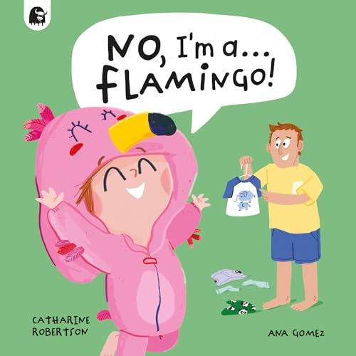 Child in a pink flamingo costume, holding up a blue t-shirt.