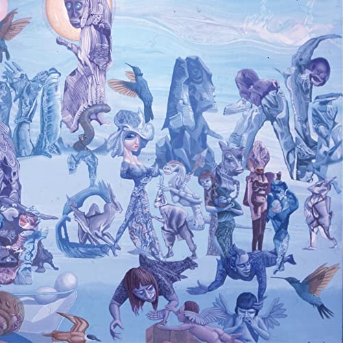 Surreal album cover with figures in a blue, dreamlike landscape.
