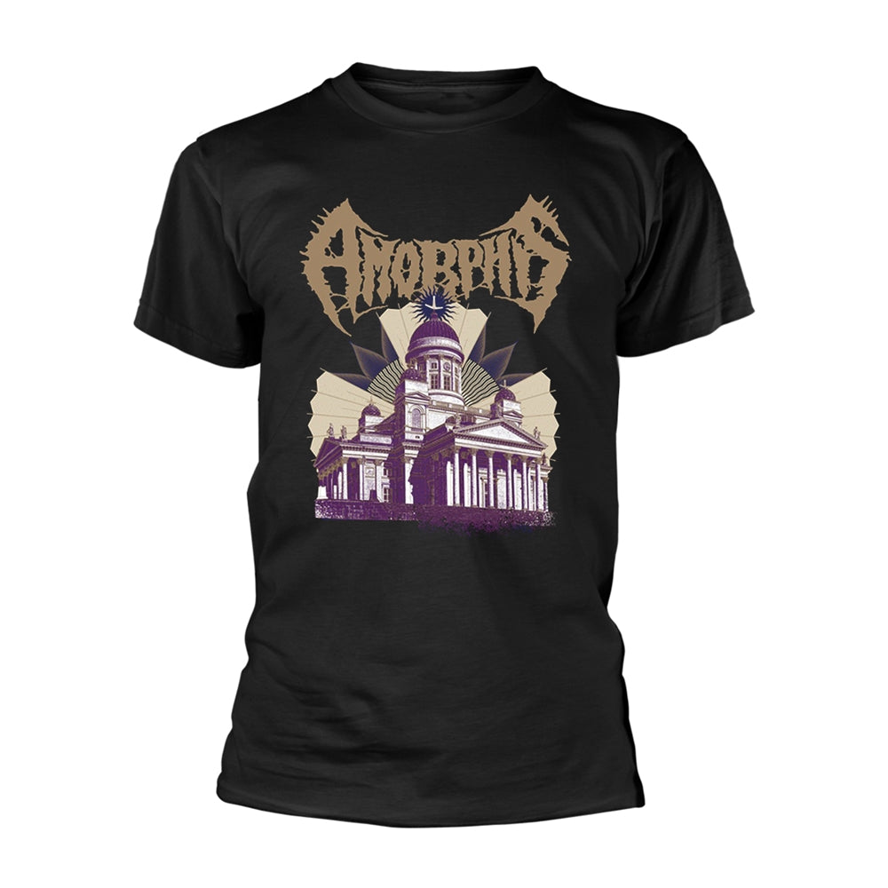 Black t-shirt with a gothic cathedral and band logo graphic.