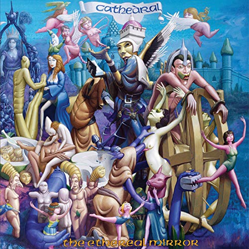 "Album cover art featuring a surreal illustration with multiple figures and a castle."