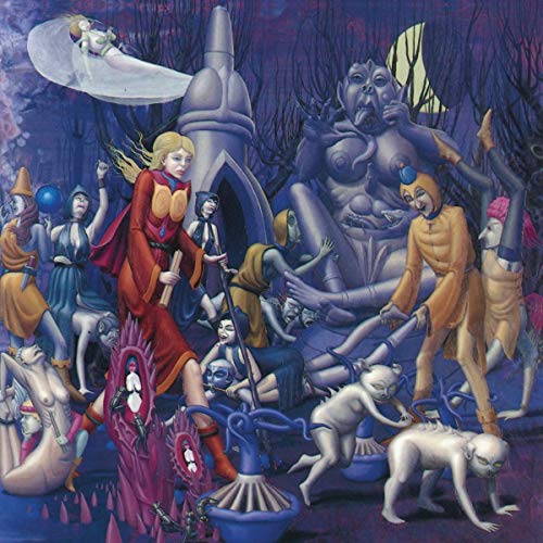 "Album cover art featuring surreal, fantastical scene with multiple figures in a dark forest."