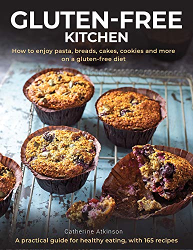 Book cover titled Gluten-Free Kitchen featuring several blueberry muffins on a cooling rack.