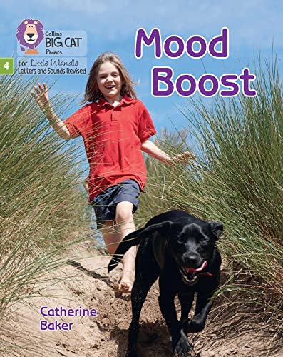 Book cover with a girl, a dog, and beach grass; “Mood Boost” title.