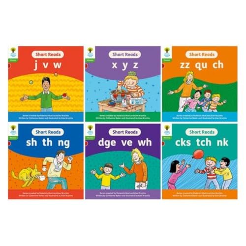 Six colorful children’s books with phonics sounds and illustrated covers.